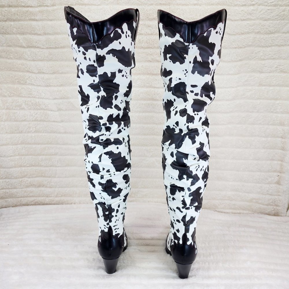 Western White & Black Cow Print OTK Thigh High Slouch Cowboy Boots - Picture 7 of 13